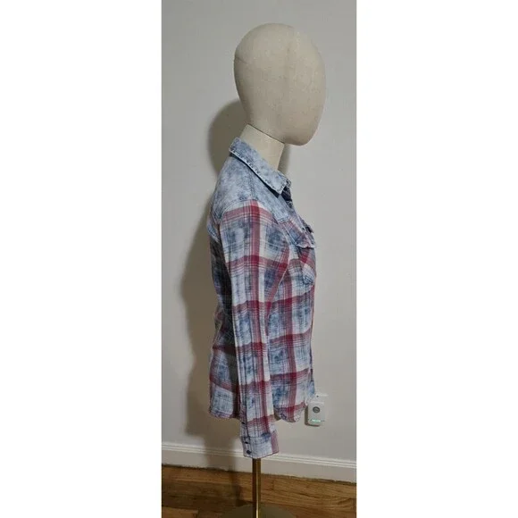 Pull & Bear Women's Small Plaid Western Button Up Flannel Lined Shirt Top Denim - Picture 7 of 16